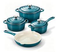 QuliMetal Enamelled Cast Iron Cookware Set,4 Piece Pots and Pans Set-Teal | 26cm Non Stick Frying Pan + 1.9L& 2.6L& 4.5L Cast Iron Dutch Oven Compatible Casserole Pot with Lids, for All Hob Types