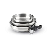 Qulinart by Brandt - 4-Piece Induction Cookware - 3-Piece Stainless Steel Pan Set 20, 24 and 26 cm with Removable Handle - Stainless Steel - Set for All Hobs - PFOA-Free - Silver