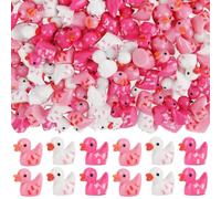 Qumenan 120 Pcs Patriotic Ducks 4th of July Bulk Tiny Resin Duck Red White Blue Miniature Ornaments for Vase Filler Jewelry Making DIY Crafts Party Gifts Decorations (Pink Ribbon Style)