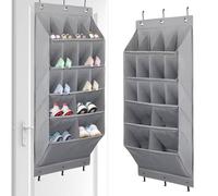QUMENEY 1Pc Hanging Shoe Storage with Deep Pockets 16 Pockets Over the Door Organisers with 3 Hooks Shoe Holder for Closet Dorm（Grey）