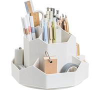 QUMENEY 360 Degree Rotating Pencil Holder Desk-Organiser Multi-Functional Pen Holder Stationary Storage Makeup Brush Holder with 9 Compartments for Home Office Supplies with Stickers（off white）