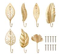 QUMENEY 7Pcs Leaves Iron Hooks 7 Style Wall Mounted Metal Coat Hooks Gold