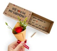 Qumic Will You Be My Valentine Card - Handmade Cute Love Card Matchbox with Mini Rose, Surprise Gift, I Love You Box, Valentines Day Gift for Her Him, Valentines Basket for Wife Husband or Girlfriend