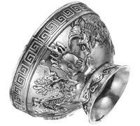 QUMIIRITY Tibetan Buddhist Offering Bowl Water Container Silver Alloy Vintage Dragon Phoenix Pattern Worship Water Cup for Meditation Yoga Altar Use