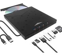 QUMOX External DVD CD Burner, External CD DVD Drive, USB 3.0 with 4 USB Ports and 2 TF/SD Card Readers, Ultra Slim External CD/DVD Drive for Mac Laptop, Windows 11/10/8/7 PC, Linux OS, RGB