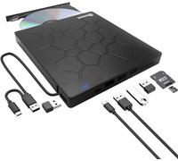 QUMOX External DVD CD Burner, External CD DVD Drive, USB 3.0 with 4 USB Ports and 2 TF/SD Card Readers, Ultra Slim External CD/DVD Drive for Mac Laptop, Windows 11/10/8/7 PC, Linux OS