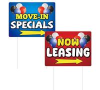 Qunclay 2 Pack Now Leasing & Move in Specials Double-sided Yard Signs 15.75 x 11.81 Inches with 4 Plastic Floor Socket for Outdoor Office Retail Store Restaurant Bar Hotel