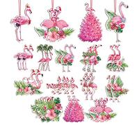 Qunclay 24 Pcs Pink Flamingo Christmas Tree Ornaments - Wooden Tropical Flamingo with Santa Hat Hanging Ornaments for Xmas Home Party Decor