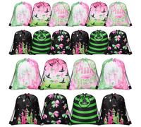 Qunclay 24 Pcs Witch Party Favors Pink and Green Birthday Goodie Gift Drawstring Bags 12 x 10 Inch Emerald Castle Bow Hat Waterproof Bags for Witch Themed Cool Party Movie Fans Halloween Supplies
