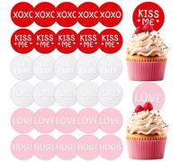 Qunclay 30 Pcs Happy Valentine's Day Cupcake Toppers Mirror Acrylic Round Shape Cake Disc Mirror Round Cake Picks Topper Cupcake Decorations for Valentine's Party Wedding Anniversary(Red, Pink, Grey)
