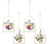 Qunclay 4 Pcs Double Glass Flower Frames Taper Brass Floating Picture Frame Clear Floating Flower Wall Frame Hanging Display Picture Frames with Locket Closure Chain for Artwork (Gold,4 x 6 Inch)