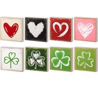 Qunclay 4 Pcs St. Patrick's Day Shamrock Centerpieces Decor Reversible Valentine's Day Heart Wooden Sign Lucky Clover Irish Green Shamrock Tabletop for Home Party Holiday Tiered Tray(Classic)
