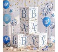 Qunclay 4 Set Under the Sea Baby Boxes Decorations with Letters Stackable for Baby Shower Blue Decorations Gender Reveal Decoration Photo Prop Ocean Animal Nursery Decor