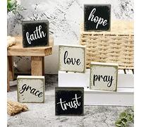 Qunclay 6 Pcs Farmhouse Tiered Tray Decor Inspirational Rustic Wood Sign | Faith Love Hope Wooden Table Decorations, Art Print Wooden Block Signs, for Office Home Tabletop Bookshelf, 2.5 x 2.5 Inch
