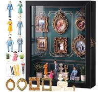 Qunclay 8 X10 Anniversary Shadow Box Display Case with 8 Mini Vintage Frames & 7 Miniature Figurines, DIY Memory Box Kit for Couples, Wedding, Picture Frame Set for Keepsakes, Home Gallery Decor