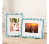 Qunclay 8x10 Wooden Beaded Picture Frame Set of 2 Boho Photo Frame with White Mat for 5x7 Blue Boho Scalloped Picture Frame Farmhouse Bobbin Picture Frame for Decorative Birthday Wedding Friend Gift