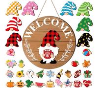 Qunclay Interchangeable Wooden Gnome Decor Holiday Seasonal Gnome Decorations with Magnet Pieces and Detachable Hats Gnome Changeable Welcome Sign for Home (Simple Style)