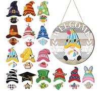 Qunclay Interchangeable Wooden Gnome Decor Holiday Seasonal Gnome Decorations with Magnet Pieces and Detachable Hats Changeable Welcome Sign for Home(Yellow and Grey)