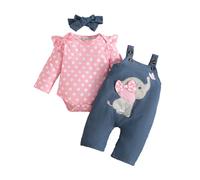 QUNERY Baby Girls Clothes Floral Tops Bodysuit Bear Dungarees Adjustable Overalls Outfits Set Pink Elephant 0-3 months