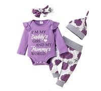 QUNERY Newborn Baby Girl Clothes Daddy's Girls Long Sleeve Romper Tops Floral Pants Sets Bodysuit Infant Girl Fall Outfits Purple 6-12 months