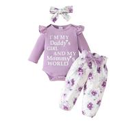 QUNERY Newborn Baby Girl Clothes Daddy's Girls Long Sleeve Romper Tops Floral Pants Sets Headband Infant Girl Fall Outfits Light Purple 6-12 months