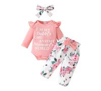 QUNERY Newborn Baby Girl Clothes Daddy's Girls Long Sleeve Romper Tops Floral Pants Sets Headband Infant Girl Fall Outfits Pink letter 3-6 months