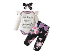 QUNERY Newborn Baby Girl Clothes Daddy's Princess Ruffle Tops Floral Pants Infant Outfits Gifts Set Purple 6-12 months
