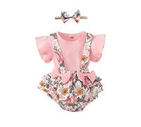 QUNERY Newborn Baby Girl Clothes Sets Ruffle Short Sleeve Tops Floral Suspender Shorts Pants Summer Outfits Pink1 6-12 months