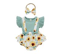 QUNERY Newborn Baby Girl Clothes Sets Ruffle Short Sleeve Tops Floral Suspender Shorts Pants Summer Outfits Green 12-18 months