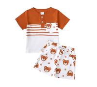 QUNERY Toddler Baby Boy Clothes Short Sleeve Dinosaur Stripe Tops Bear Print Shorts Set Baby Boy Summer Outfits Brown 12-18 months