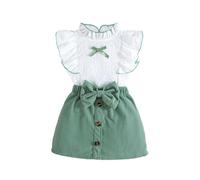 QUNERY Toddler Baby Girl Clothes Long Sleeve ruffled Tops Bowknot Mini Skirt Button Outfits Sets Sleeveless green 12-18 months