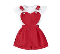 QUNERY Toddler Baby Girl Clothes Round neck Top Sleeves Solid Color Heart-Shaped Suspender Shorts Sets Wine red 5-6 years