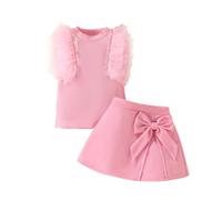 QUNERY Toddler baby girls outfits Mesh Sleeveless Ribbed Tops Bowknot Mini Skirt Infant Girl A-line Dress A-Pink 6-9 months