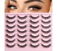 QUNETY Lashes Wispy False Eyelashes Cat Eye Lash Strips Natural Fake Eyelash Mink Strip Lash Pack 14 Pairs Lightweight Fluffy Cateye Lashes Soft Cotton Band 8-14mm Wispies Easy Eyelashes Natural Look