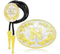 QuneusHot 2 Piece Western Belt Buckle Bolo Tie Set Initial Letter ABC to XYZ Cowboy Costume Gold Accessories for Men Women, Gold N, L