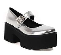QUNHU Women Platform Wedges Heel Goth Mary Janes Shoes Cute Vintage Hook Loop Round Toe Dress Pumps Comfort Cosplay Lolita Shoes (Color : Silver, Size : 7 UK)