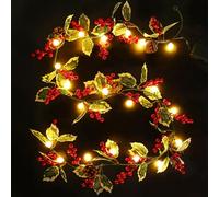 Quntis 5.7Ft Artificial Christmas Garland Lights Battery Powered with Timer, 20 LED Battery Operated Plastic Xmas Garland for Front Door Fireplace Stair Table Porch Indoor Decoration, 1.75M, Holly