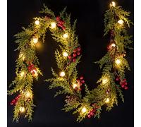 Quntis 5.7Ft Artificial Christmas Garland Lights Battery Powered with Timer, 20 LED Battery Operated Plastic Xmas Garland for Front Door Fireplace Stair Table Porch Indoor Decoration, 1.75M, Spruce
