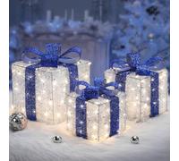 Quntis Light up Present Boxes Christmas 140 LEDs, Set of 3 Christmas Lighted Gift Boxes with 8 Modes and Timer, Plug in Blue Christmas Decorations, Light up Xmas Decorations for Indoor Outdoor
