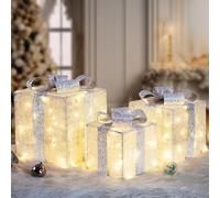 Quntis Set of 3 Light Up Present Boxes, 117 LEDs Extra Large Christmas Decorations Lights, Illuminated Parcels Lights Gift Boxes Christmas Tree Decorations Indoor Xmas Fairy Lights Decor, Silver
