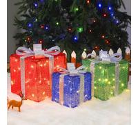 Quntis Set of 3 Light Up Present Boxes, 117 LEDs Extra Large Christmas Decorations Lights, Illuminated Parcels Lights Gift Christmas Tree Decors Indoor Xmas Fairy Lights Decor, Multicolour