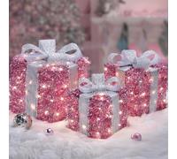 Quntis Set of 3 Light Up Present Boxes, 140 LEDs Parcels Lights, Pink | Christmas Decorations Plug In Illuminated Present Lights Gift Boxes Christmas Tree Pink Decorations Indoor Xmas