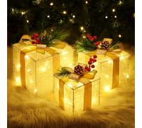 Quntis Set of 3 Light Up Present Boxes, 60 LEDs Christmas Decorations Parcels Lights, Illuminated Present Lights Gift Boxes Christmas Tree Decorations Indoor Xmas Fairy Lights Decor, Gold