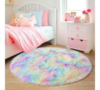 Quntue 3'x3' Rainbow Round Rugs for Girls Bedroom, Ultra Soft Fluffy Circle Rug for Kids Room, Cute Small Shag Rugs for Living Room Playroom Tent Castle Home Decor Rug
