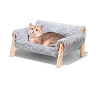 QUNZIDRESS Large Cat Sofa Bed, Elevated Plush Pet Sofa Sturdy Wooden Pet Sofas for Indoor Cats with Removable Mattress Cover, Soft Lounging Cat Couch Cats Hammock 56 x 45 x 27cm, Hold up 15 kg, Grey