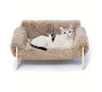 QUNZIDRESS Large Cat Sofa Bed, Elevated Plush Pet Sofa Sturdy Wooden Pet Sofas for Indoor Cats with Removable Mattress Cover, Soft Lounging Cat Couch Cats Hammock 56 x 45 x 27cm, Hold up 15 kg, Brown
