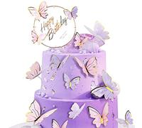 QUOHE 20 Pcs Pink & Purple Butterfly Cake Decoration Set - 4 Sizes, Happy Birthday Topper, Non-Edible, Perfect for Birthdays & Parties
