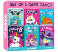 QUOKKA Card Games for Kids Ages 4-8, 6 PACK, Crazy 8, Go Fish, Old Maid, War, Slap Jack, Memory Match - Fun Family Games Playing Cards for Kids with Unicorns, Mermaids etc, Easy to Learn, Travel Gift