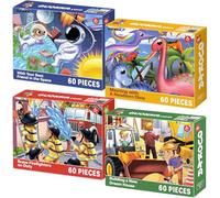 QUOKKA Jigsaw Puzzles For 3 4 Year Olds - 4x60 Jigsaws for Children Age 5 6 7 - Vertical Puzzle Toy With Dino Space Firefighters - Gift Educational Game for Boys & Girls 5-8 yo