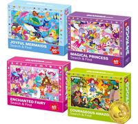QUOKKA Jigsaw Puzzles for Children Age 3+, 4x60 Jigsaws for Learning Princess Mermaids - Unicorn Gift Toy for Boys & Girls